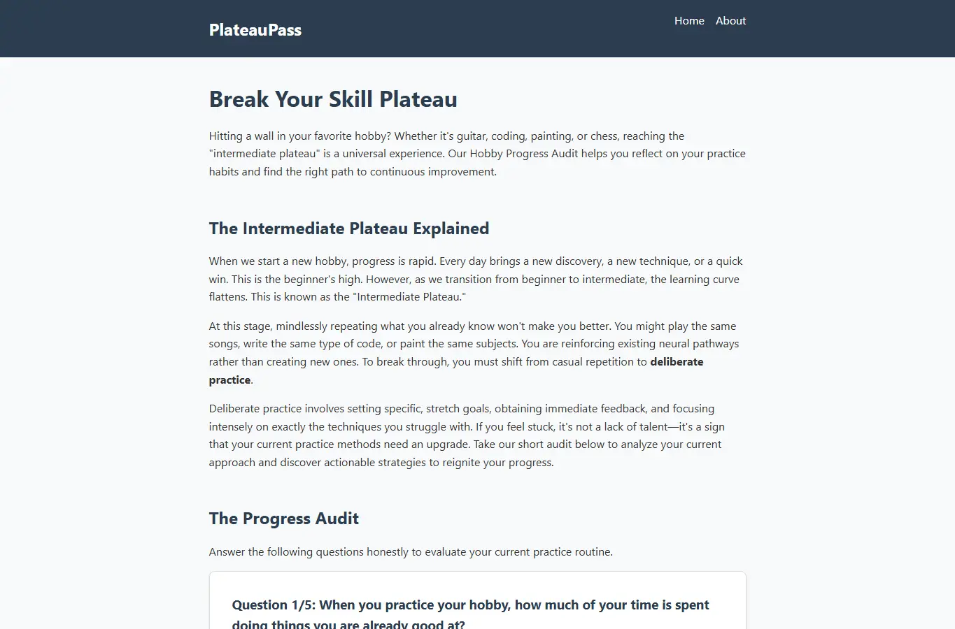 Screenshot of PlateauPass: Hobby Progress Audit interface showing the project page in use